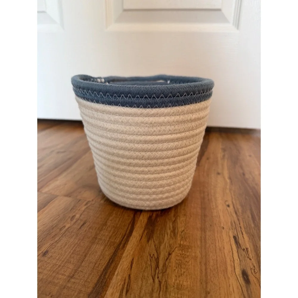 Handmade Cotton Rope Hanging Basket Cream Blue Coiled Woven Storage‎ Decor 6in
